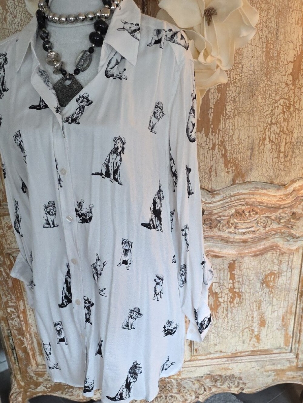 Jane and Delancey White Button-Down Shirt with Black Dog Print - Picture 4 of 8